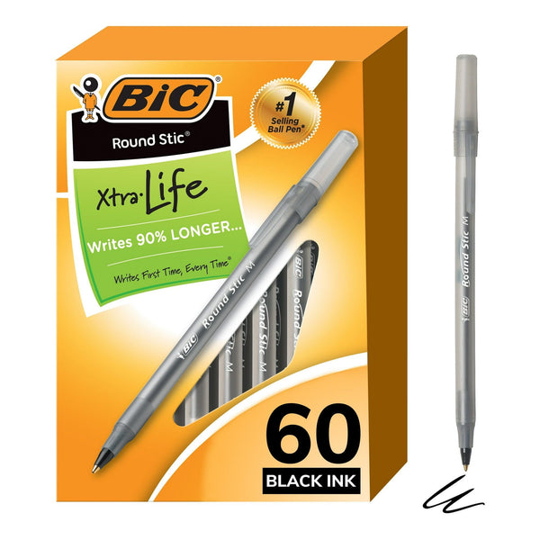 BIC Round Stic Xtra Life Ballpoint Pens, Medium Point, 1.0 mm, Black Ink, Pack of 60 EasyOptionXY LLC