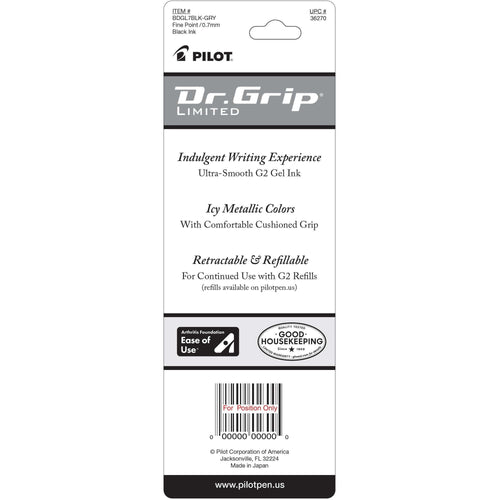 Pilot Dr. Grip Limited Retractable Gel Ink Pen, Fine Point, Gray Barrel, Black Ink, 1 Count EasyOptionXY LLC