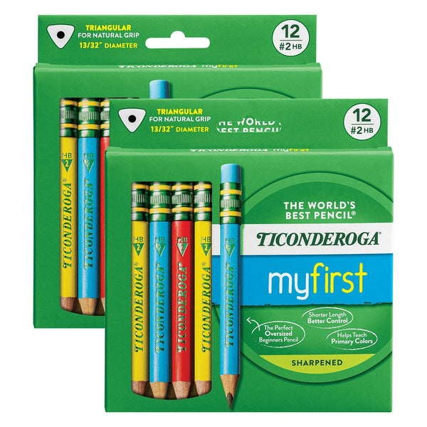 Ticonderoga My First Short Wooden Pencils, Large Triangle Barrel, Sharpened, #2 HB Soft, With Eraser, Primary Colors, 12 Per Pack, 2 Packs EasyOptionXY LLC
