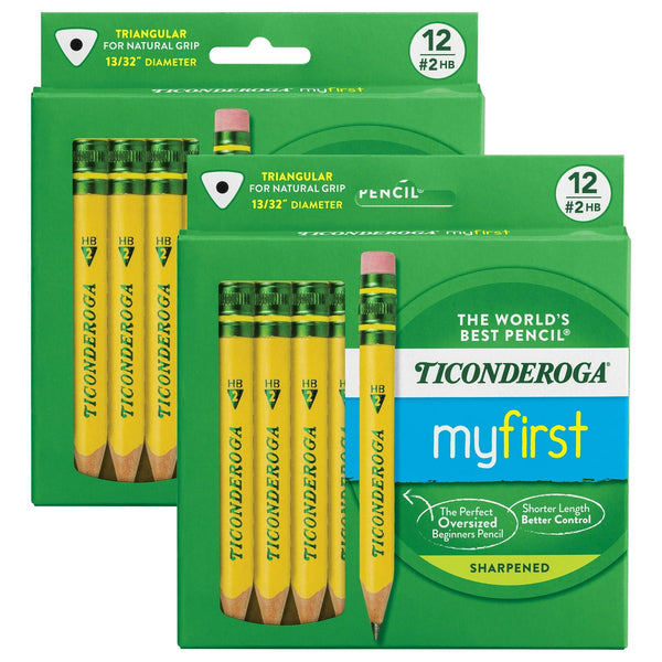 Ticonderoga My First Short Wooden Pencils, Large Triangle Barrel, Sharpened, #2 HB Soft, With Eraser, Yellow, 12 Per Pack, 2 Packs EasyOptionXY LLC