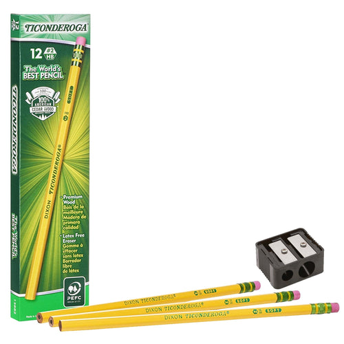 Ticonderoga Pencils #2 Soft Yellow Woodcase Graphite Pencil for School Supplies and Craft Supplies 12 Count (13882) Free Sharpener 1 Pack EasyOptionXY LLC