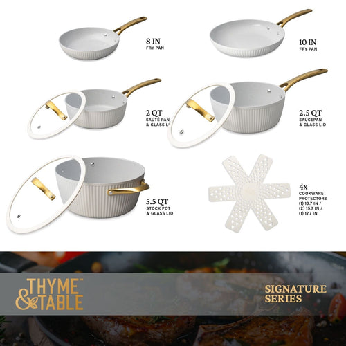 Thyme & Table 12-Piece Ceramic Non-Stick Ribbed Cookware Set, White & Gold EasyOptionXY LLC