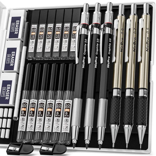 Nicpro 6 Pcs Mechanical Pencils Set, 3 Pcs Metal Pencils 0.5mm & 0.7mm & 0.9mm and 3 Pcs 2mm Graphite Lead Holder (2B HB 2H) with 12 Tubes Lead Refills, Come with Case, Black EasyOptionXY LLC