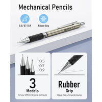 Nicpro 6 Pcs Mechanical Pencils Set, 3 Pcs Metal Pencils 0.5mm & 0.7mm & 0.9mm and 3 Pcs 2mm Graphite Lead Holder (2B HB 2H) with 12 Tubes Lead Refills, Come with Case, Black EasyOptionXY LLC