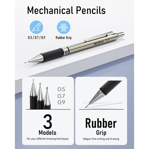 Nicpro 6 Pcs Mechanical Pencils Set, 3 Pcs Metal Pencils 0.5mm & 0.7mm & 0.9mm and 3 Pcs 2mm Graphite Lead Holder (2B HB 2H) with 12 Tubes Lead Refills, Come with Case, Black EasyOptionXY LLC
