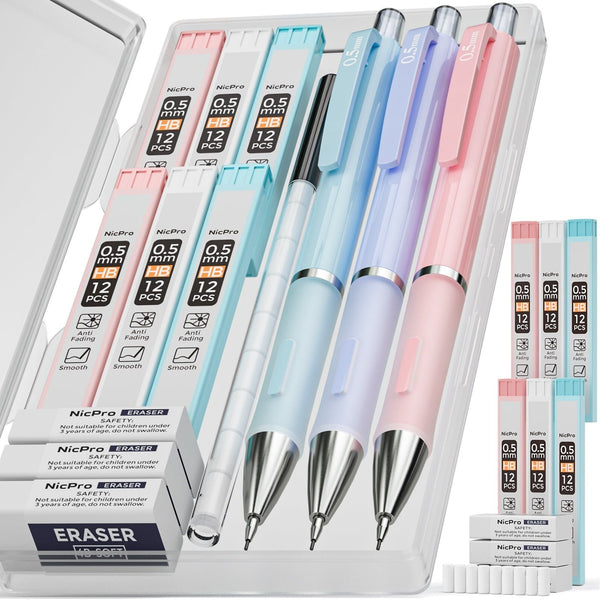 Nicpro 3 Pcs 0.5mm Pastel Mechanical Pencils, with 6 tubes HB Lead Refills, Erasers, Eraser Refills - Come with Case EasyOptionXY LLC