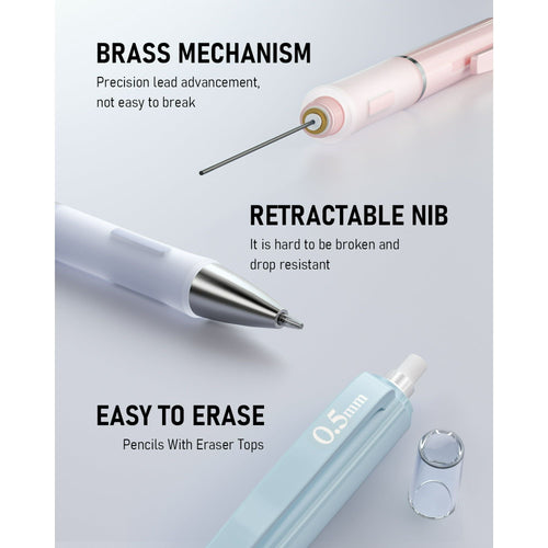 Nicpro 3 Pcs 0.5mm Pastel Mechanical Pencils, with 6 tubes HB Lead Refills, Erasers, Eraser Refills - Come with Case EasyOptionXY LLC