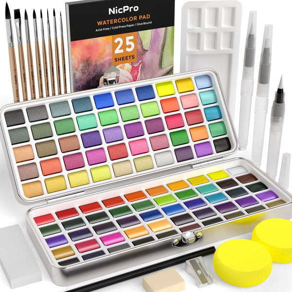 Nicpro 100 Colors Watercolor Paint Set Include Metallic Macaron & Fluorescent, 8 Squirrel Painting Brushes, 25 Water Color Paper, Palette, Art Supplies Kit for Artist, Adult, Kid, Beginner EasyOptionXY LLC