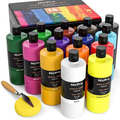 Nicpro Acrylic Paint, 14 Colors Acrylic Paint Set, 16.9oz/500ml Bottles, Rich Art Painting Supplies for Artists, Beginners and Kids on Canvas Wood Leather Fabric Stone Craft EasyOptionXY LLC