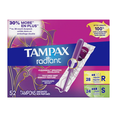 Tampax Radiant Tampons Duo Pack with LeakGuard Braid, Regular/Super Absorbency, 52 Ct EasyOptionXY LLC