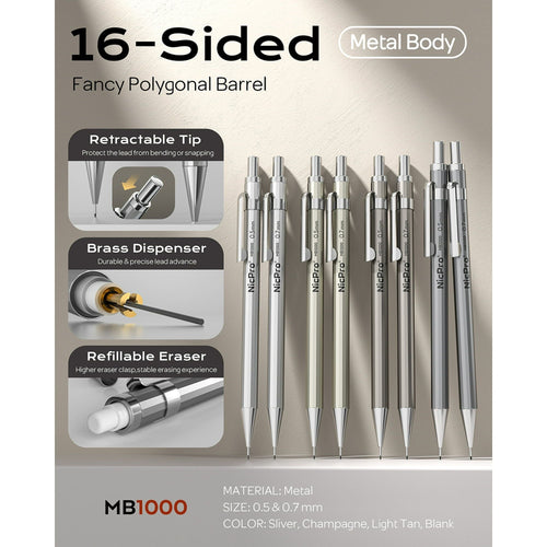 Nicpro 8Pcs 0.5mm & 0.7mm Metal Mechanical Pencils Set, Lead Drafting Pencil with 8 Tubes HB Lead Refills, 3Pcs 4B Erasers, 9Pcs Eraser Refills, Come with Case EasyOptionXY LLC