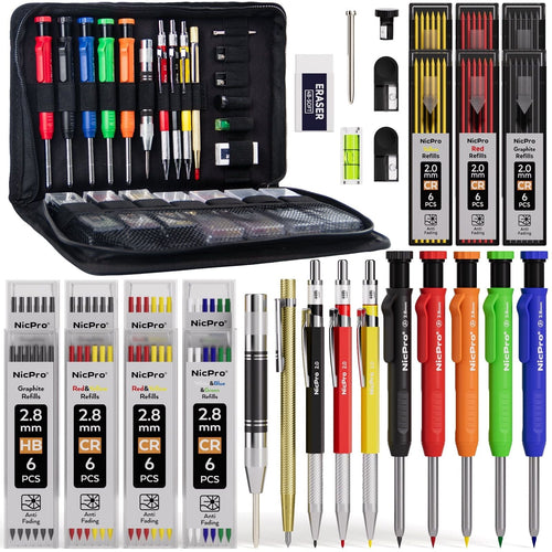 Nicpro 31 Pack Carpenter Pencil Set, Mechanical Pencils with 128 Pcs Refills and Carbide Scribe Tool, Heavy Duty Construction Pencils for Architect Woodworking - with Canvas Case EasyOptionXY LLC