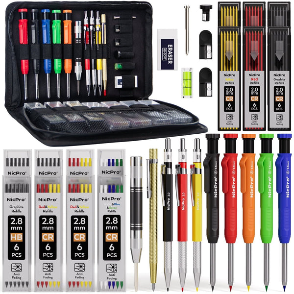 Nicpro 31 Pack Carpenter Pencil Set, Mechanical Pencils with 128 Pcs Refills and Carbide Scribe Tool, Heavy Duty Construction Pencils for Architect Woodworking - with Canvas Case EasyOptionXY LLC