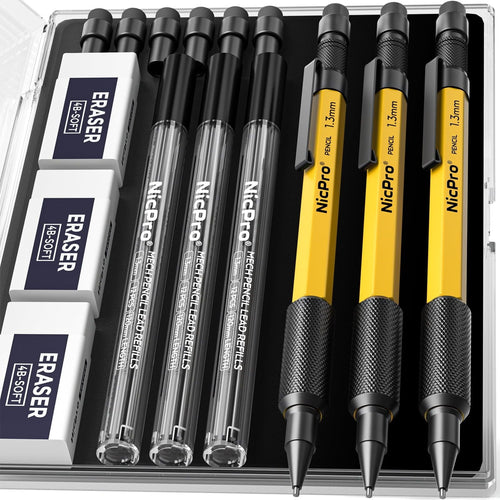 Nicpro 3Pcs 1.3 mm Mechanical Pencils Set with 36 Lead Refill, 3 Eraser, Weatherproof Metal Barrel, Heavy Duty Carpenter Pencil for Outdoor Marking Drafting Drawing Sketching Woodworking - with Case EasyOptionXY LLC