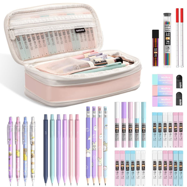 Nicpro 47PCS Aesthetic School Supplies in Big Capacity Pen Case, Cute Pastel Mechanical Pencils 0.5, 0.7, 0.9 & 2mm Lead Holder with 25 Tube Lead Refills 4B 2B HB 2H Color, Erasers for Student Writing EasyOptionXY LLC