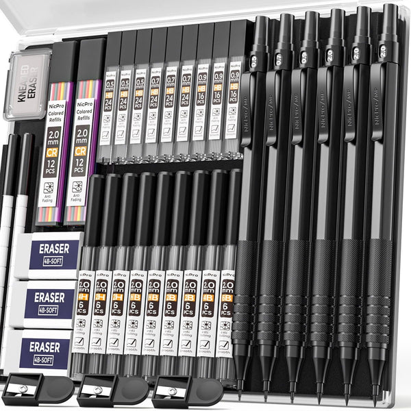 Nicpro 35PCS Metal Mechanical Pencils Set, Art Drafting Pencil 0.5, 0.7, 0.9 mm & 3PCS 2mm Graphite Lead Refills, Eraser, Sharpener, Case EasyOptionXY LLC