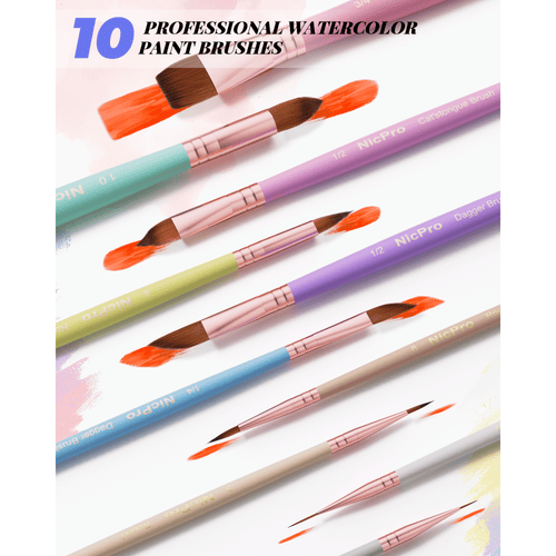 Nicpro 10PCS Pastel Watercolor Brushes Set, Professional Water Color Paint Brush, Pointed Round, Cat Tongue, Liner, Dagger, Wash for Adult, Beginers, Watercolor, Inks, Gouache - with Holder & Bag EasyOptionXY LLC