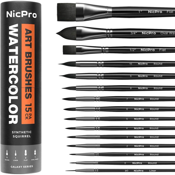 Nicpro 15PCS Watercolor Paint Brush Set, Professional Watercolor Paint Brushes, Soft Synthetic Fine Squirrel Hair, Round, Flat, Dagger, Wash for Adult, Artist, Water Color, Gouache - with Holder & Bag EasyOptionXY LLC