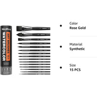 Nicpro 15PCS Watercolor Paint Brush Set, Professional Watercolor Paint Brushes, Soft Synthetic Fine Squirrel Hair, Round, Flat, Dagger, Wash for Adult, Artist, Water Color, Gouache - with Holder & Bag EasyOptionXY LLC