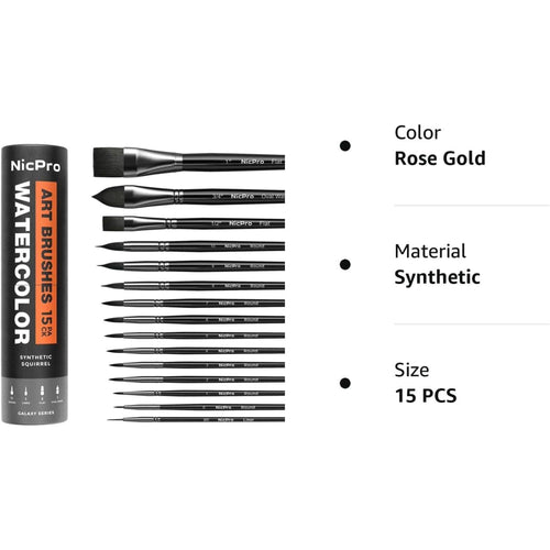 Nicpro 15PCS Watercolor Paint Brush Set, Professional Watercolor Paint Brushes, Soft Synthetic Fine Squirrel Hair, Round, Flat, Dagger, Wash for Adult, Artist, Water Color, Gouache - with Holder & Bag EasyOptionXY LLC