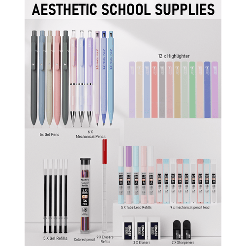 Nicpro 50Pcs Aesthetic School Supplies with Pen Case, 12 Colors Chisel Tip Cute Highlighters, 5 Quick Dry Retractable Black Ink Pens, 6 Pastel Mechanical Pencil 0.5 & 0.7 & 0.9 & 2.0 mm for Students EasyOptionXY LLC