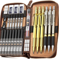 Nicpro 29PCS Art Mechanical Pencils Set in Leather Case, Gold Metal Drafting Pencil 0.5, 0.7, 0.9 mm, 2mm Lead Pencil Holders for Sketching Drawing With 15 Tube (4B 2B HB 2H 4H & Colored)Lead Refills EasyOptionXY LLC