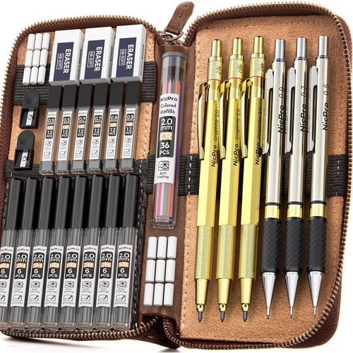 Nicpro 29PCS Art Mechanical Pencils Set in Leather Case, Gold Metal Drafting Pencil 0.5, 0.7, 0.9 mm, 2mm Lead Pencil Holders for Sketching Drawing With 15 Tube (4B 2B HB 2H 4H & Colored)Lead Refills EasyOptionXY LLC
