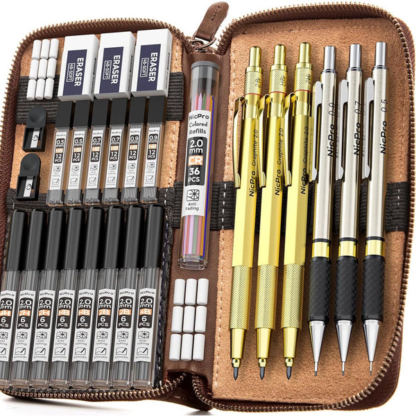 Nicpro 29PCS Art Mechanical Pencils Set in Leather Case, Gold Metal Drafting Pencil 0.5, 0.7, 0.9 mm, 2mm Lead Pencil Holders for Sketching Drawing With 15 Tube (4B 2B HB 2H 4H & Colored)Lead Refills EasyOptionXY LLC