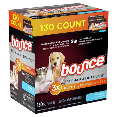 Bounce Pet Hair and Lint Guard Mega Dryer Sheets with 3X Pet Hair Fighters, Fresh Scent, 130 Count EasyOptionXY LLC