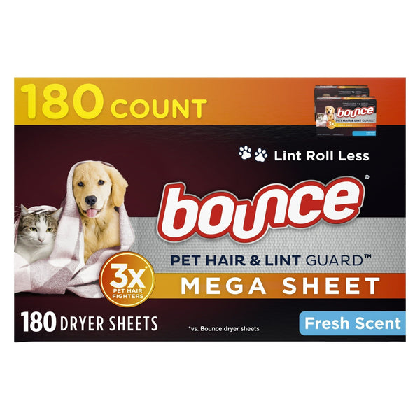 Bounce Pet Hair and Lint Guard Mega Dryer Sheets with 3X Pet Hair Fighters, Fresh Scent, 180 Count EasyOptionXY LLC