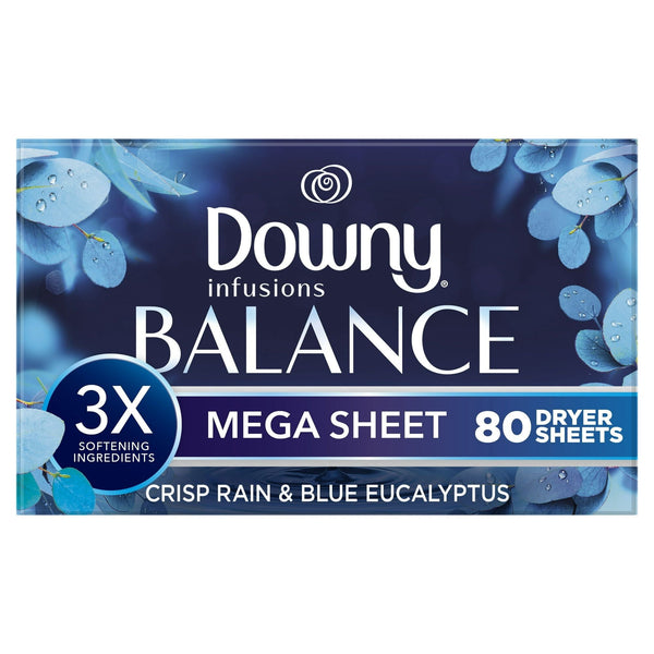 Downy Infusions Mega Dryer Sheets, BALANCE, Crisp Rain and Blue Eucalyptus, 80 Count EasyOptionXY LLC