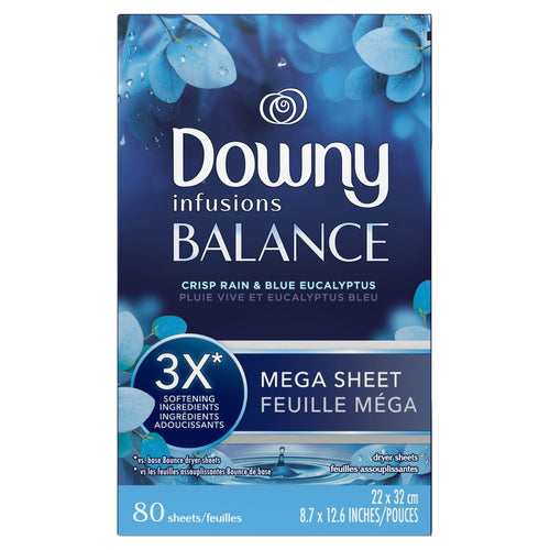 Downy Infusions Mega Dryer Sheets, BALANCE, Crisp Rain and Blue Eucalyptus, 80 Count EasyOptionXY LLC