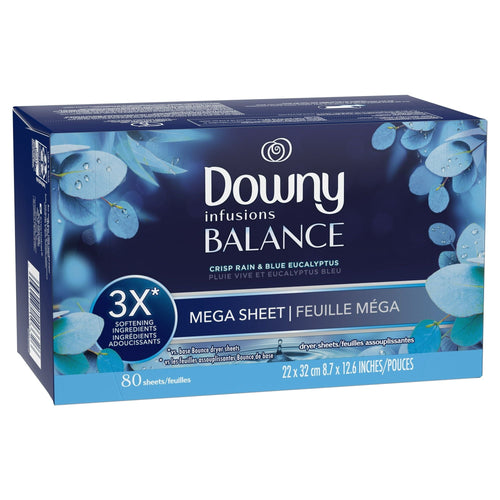 Downy Infusions Mega Dryer Sheets, BALANCE, Crisp Rain and Blue Eucalyptus, 80 Count EasyOptionXY LLC