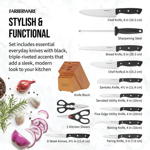 Farberware Stamped 20 Piece Triple Rivet Stainless Steel Kitchen Knife Set with Block Black EasyOptionXY LLC