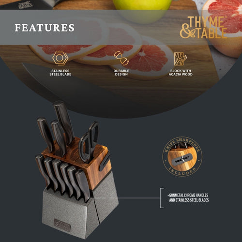 Thyme & Table 15-Piece Gunmetal Knife Block Set with Knife Sharpener EasyOptionXY LLC