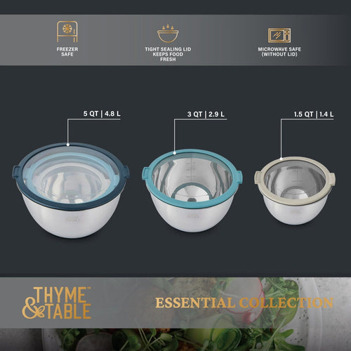 Thyme & Table 6-Piece Mixing Bowl Set with Easy Grip Transparent Lids EasyOptionXY LLC