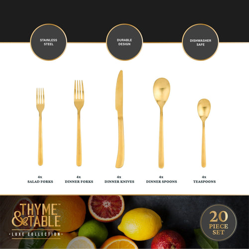 Thyme & Table 20-Piece Royal Stainless Steel Flatware Set, Gold EasyOptionXY LLC
