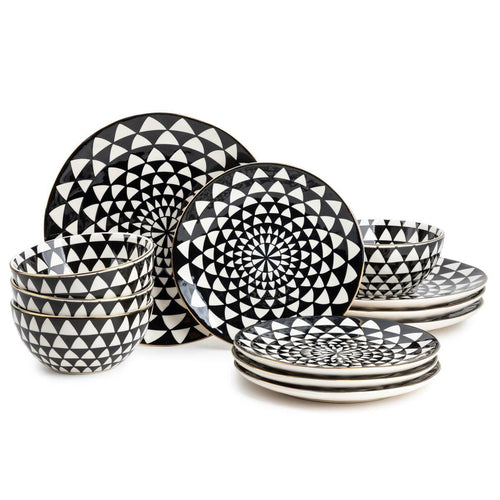 Thyme & Table Dinnerware Black & White Medallion 12 piece set Stoneware EasyOptionXY LLC