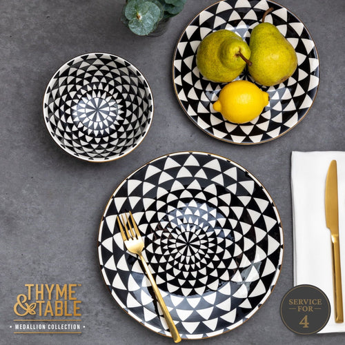 Thyme & Table Dinnerware Black & White Medallion 12 piece set Stoneware EasyOptionXY LLC