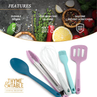 Thyme & Table Silicone Utensils, 5-Piece Set, Tongs, Basting Brush, Spatula, Turner, Spoon EasyOptionXY LLC