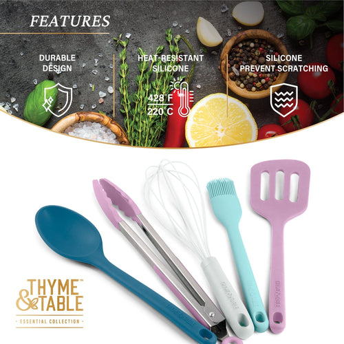 Thyme & Table Silicone Utensils, 5-Piece Set, Tongs, Basting Brush, Spatula, Turner, Spoon EasyOptionXY LLC