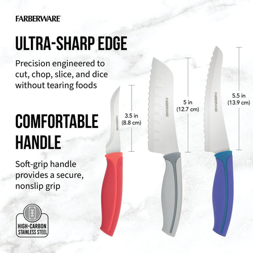 Farberware Precise Slice Utility Kitchen Knife Set, 3 Piece, Razor Sharp Knives with Ergonomic Handles, Multicolor EasyOptionXY LLC