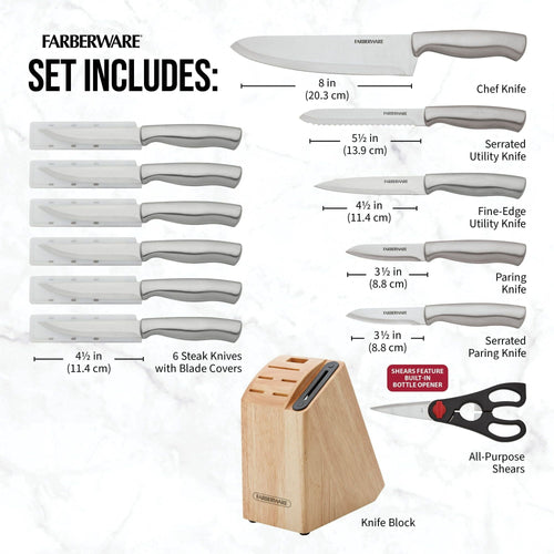 Farberware 13Piece Stainless Steel Knife Block Set Built in Sharpener in Drawer Steak Knives Natural EasyOptionXY LLC