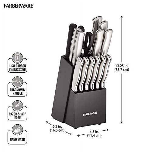 Farberware 5152497 15-Piece High-Carbon Stamped Stainless Steel Kitchen Knife Set with Wood Block, Steak Knives, Razor-Sharp, Black EasyOptionXY LLC