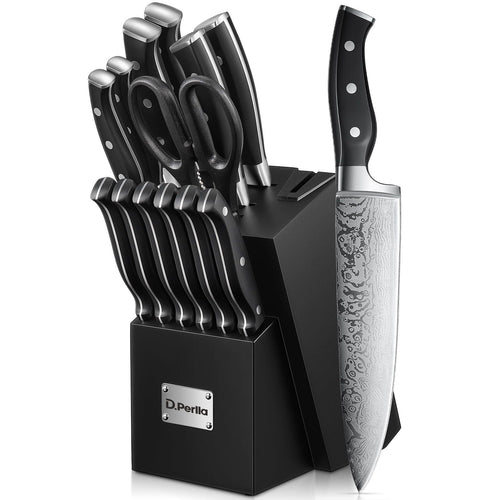 D.Perlla Knife Set, 14PCS German Stainless Steel Kitchen Knives Block Set with Built-in Sharpener, Black EasyOptionXY LLC