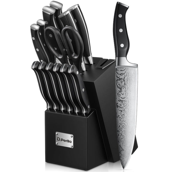 D.Perlla Knife Set, 14PCS German Stainless Steel Kitchen Knives Block Set with Built-in Sharpener, Black EasyOptionXY LLC