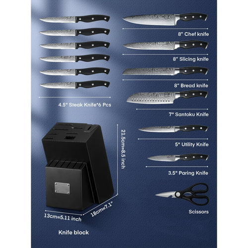 D.Perlla Knife Set, 14PCS German Stainless Steel Kitchen Knives Block Set with Built-in Sharpener, Black EasyOptionXY LLC