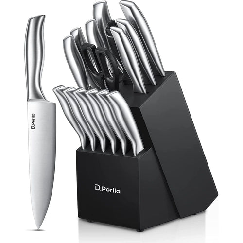 Knife Set, 16-Piece Stainless Steel Kitchen Knife Set with Wood Block, One Piece Design Knife Block Set, Black EasyOptionXY LLC
