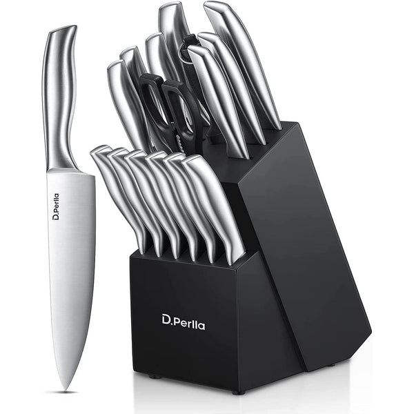 Knife Set, 16-Piece Stainless Steel Kitchen Knife Set with Wood Block, One Piece Design Knife Block Set, Black EasyOptionXY LLC