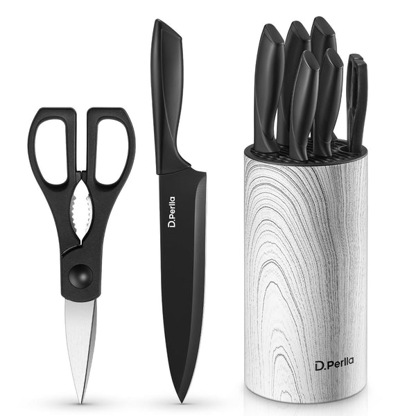 D.Perlla Knife Set 7 Pieces, Lightweight Black Coating Cutlery Knife Set with Soft Handle Scissors and Round Knife Block EasyOptionXY LLC